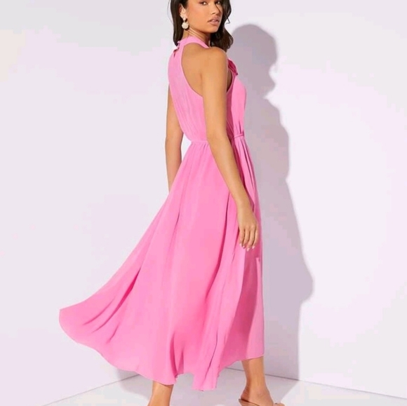 💗NWT Hot Pink Chiffon Halter Midi Classic 💗 - Picture 2 of 7